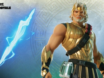 Fortnite's Zeus posing next to the Thunderbolt of Zeus Mythic weapon