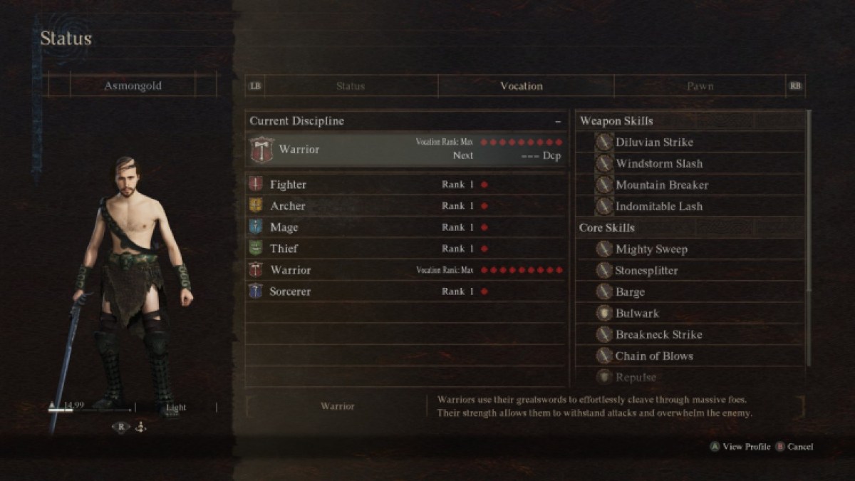 A screenshot of Dragon's Dogma 2 showing the stats of Asmongold's Official Pawn