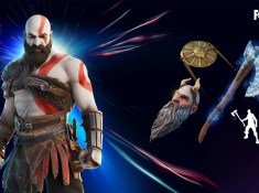 Kratos and God Of War Cosmetics in Fortnite, featuring Fortnite and Sony logos
