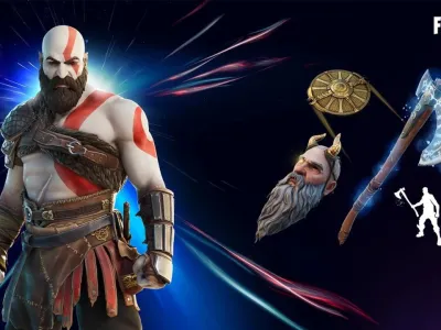 Kratos and God Of War Cosmetics in Fortnite, featuring Fortnite and Sony logos