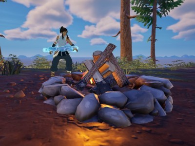 Korra lighting a campfire in Fortnite