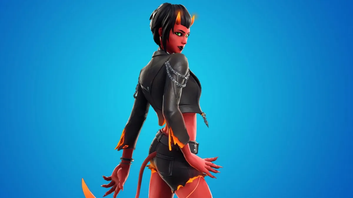 The character "Malice" from Fortnite - a red devil-like woman with black shorts, horns, and a cropped black leather jacket
