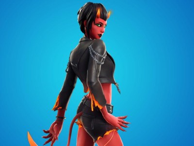 The character "Malice" from Fortnite - a red devil-like woman with black shorts, horns, and a cropped black leather jacket