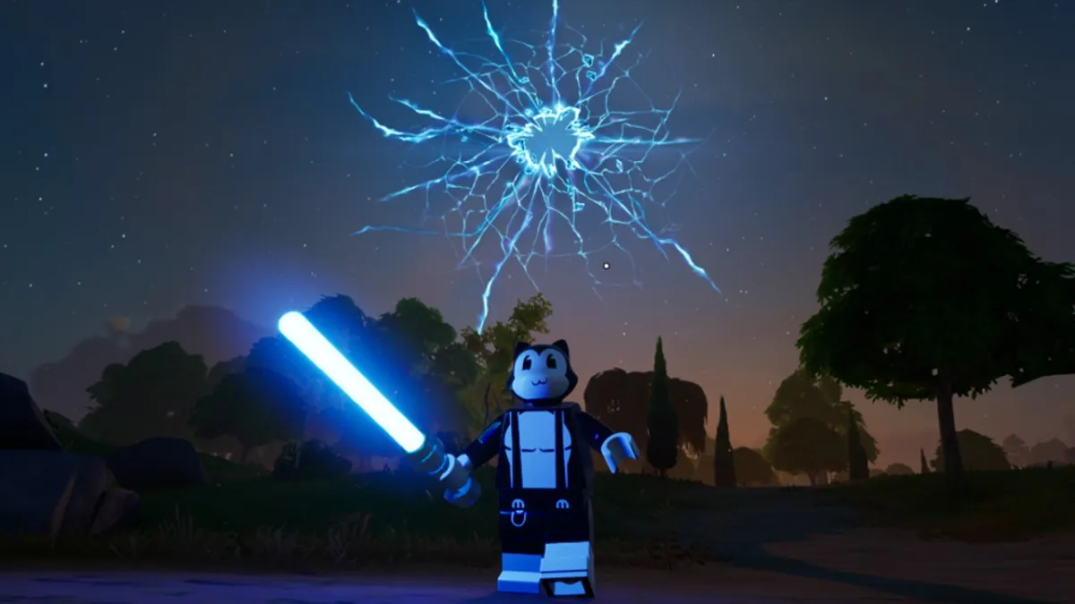 Toon Meowscles holding a Lightsaber Lego Fortnite