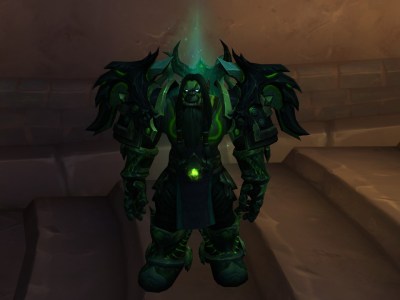 An orc after using the Viridian Bloom contained in the Basket of Draconic Flowers in World of Warcraft